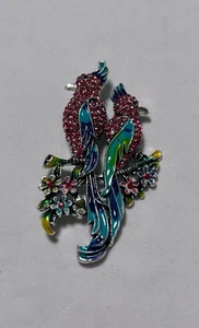 Pink rhinestone green blue enamel Birds of Paradise pin brooch sitting on flower - Picture 1 of 10