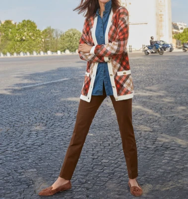 Cárdigan Suéter Largo Marrón Naranja Pequeño Talbots Statement Cuadros Foto 1 de 4