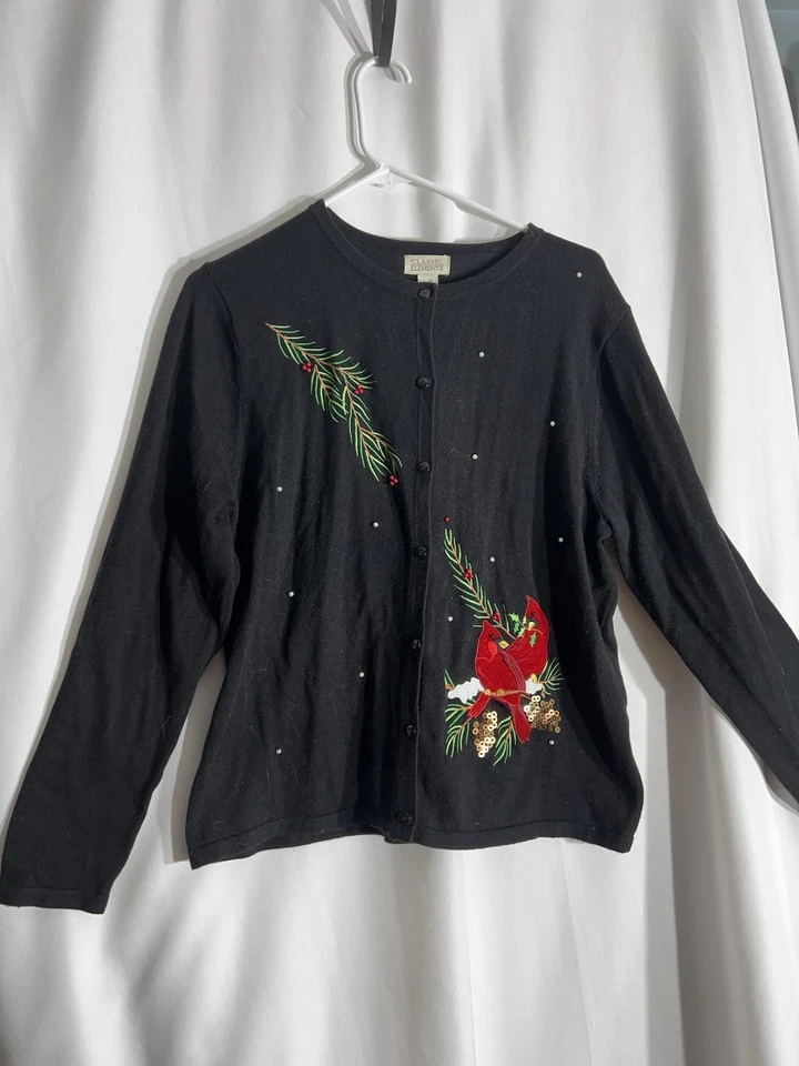 Suéter preto vintage clássico elementos enfeitado Natal cardinal tamanho G - Imagem 1 de 4