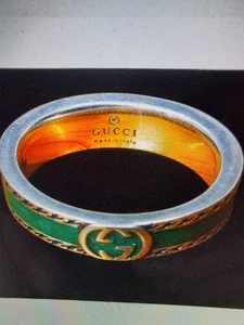 GUCCI RING. STERLING SILVER 925 WITH GREEN ENAMEL AND 24ct GOLD PLATED DETAIL. - Picture 1 of 10