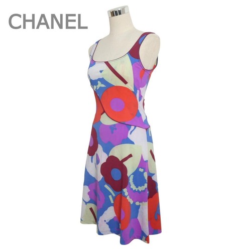 CHANEL CC Logo Camellia All over Print Sleeveless Dress Multicolor 38 M 84783c