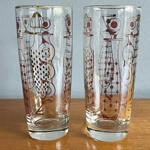Pair Of Vintage Highball Glasses Tumblers With Gilded Decanter Design - Picture 1 of 7