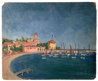 Antique French Impressionist Oil 1930's - Close to Raoul DUFY -  Seascape Harbor - Image 1 of 4