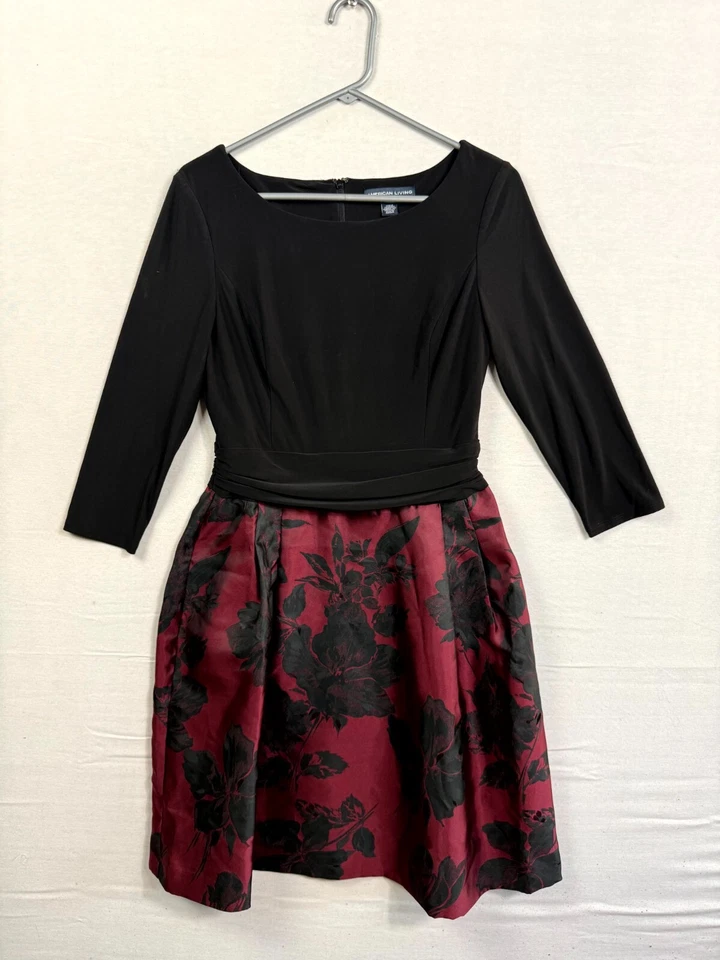 Vestido American Living Fit & Flare para mujer 10 negro rojo floral jacquard reunido Foto 1 de 4