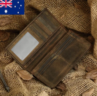 Mens Genuine Crazy Horse Leather RFID Blocking Bifold Long Wallet Card Holder - Image 1 of 4