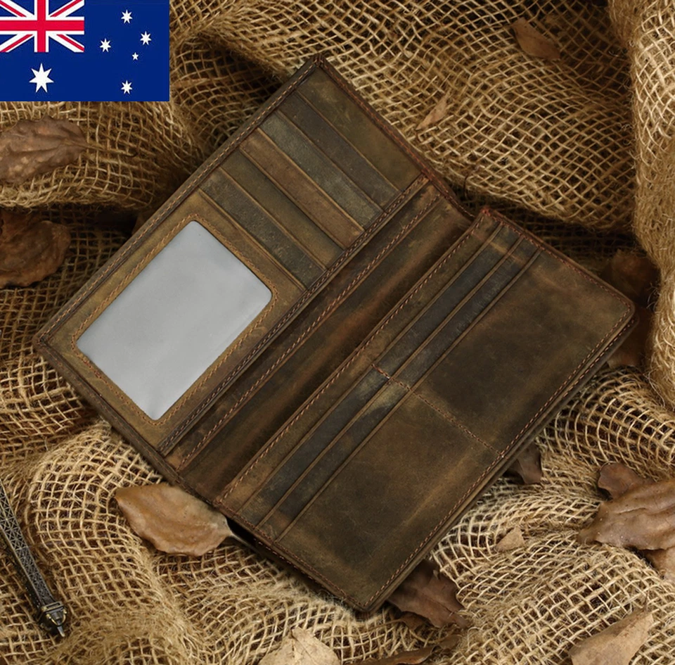 Mens Genuine Crazy Horse Leather RFID Blocking Bifold Long Wallet Card Holder - Image 1 of 4