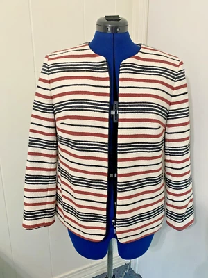 Blazer Anne Klein Opon Talla 12 Algodón Gasa Rojo/Blanco?Azul Rayas Carrera Iglesia Foto 1 de 4