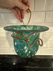 Vtg Handmade Copper Wall Hanging Candle Holder Green Blue White Glass Votives - Picture 1 of 13