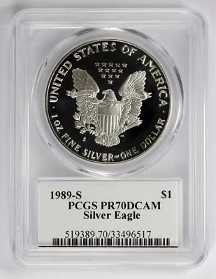 1989-S $1 American Silver Eagle Proof John M. Mercanti Signature PCGS PR70 DCAM - Image 1 of 4