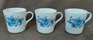 Set Of 3 Corning Corelle Blue Velvet Rose Coffee Cup Mug Floral Swirl - Picture 1 of 7