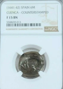 1641-42 SPAIN 6 MARAVEDIS CUENCA COUNTERSTAMPED NGC F 15 BN RARE TOP POP 1 - Picture 1 of 5