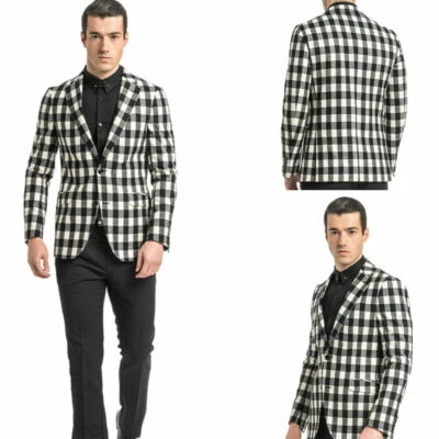 Black and White Check Mens Blazer Plaid Casual Business Slim Workwear Tuxedos - Image 1 of 4