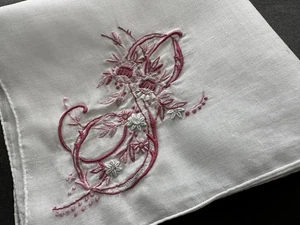 A+ Vintage Hankie Pink Monogram S Madeira Style Hand Embroidered Wedding Bride - Picture 1 of 6