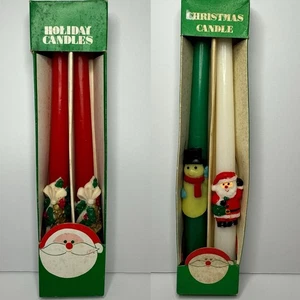 Vintage Set of 2 Pairs Taper Candles Santa, Snowman, Bells Holly 10” Bundle - Picture 1 of 7