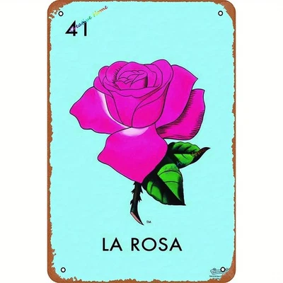 Vintage La Rosa Pink Rose Metal Plaque Mexican Loteria Sign Inspired Art Decor - Image 1 of 4