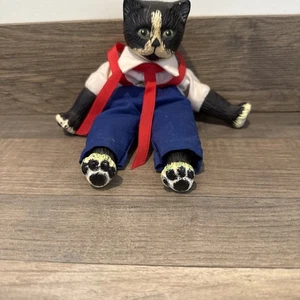 Bambola gatto porcellana vintage testa e zampe porcellana pantaloni blu top bianco - Foto 1 di 7