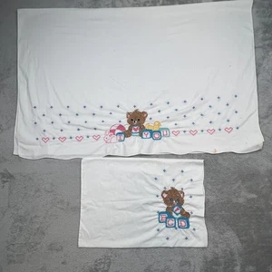 Vintage Baby Pillowcase Sheet Set Embroidered Bear Bunny Duck Hearts 36x44 Nurse - Picture 1 of 17