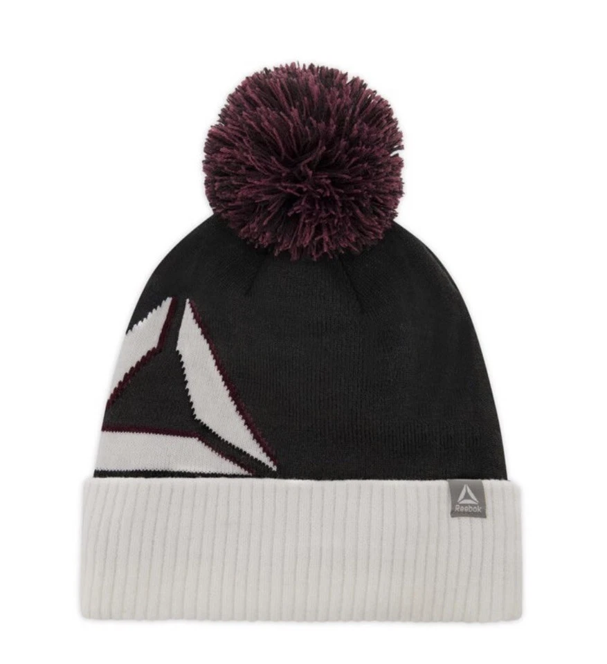 s Reebok Unisex Beanie Pompom Hat Rally Scarf Set White Black Maroon
