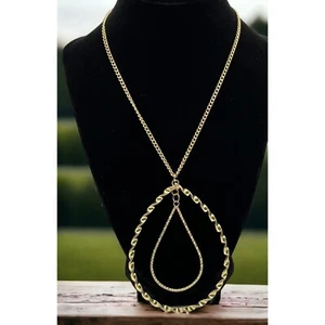 Double Teardrop Pendant Necklace Gold Tone Twisted Dangle 15" - Picture 1 of 7