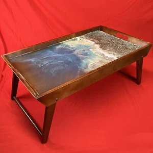 Bed Tray 26 x 15 / Epoxy Resin Art / Wooden Wood / Ocean Waves 3D Beach / Flaws - Picture 1 of 23