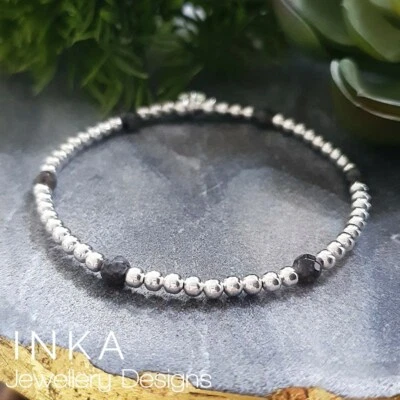925 Sterling Silver Labradorite Bracelet Beaded Stretch Stacker By INKA - Image 1 of 4