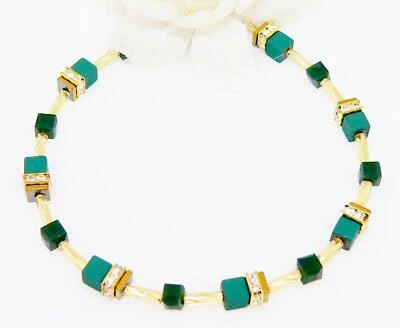 Armband Cube Hämatit Glaswürfel facettiert Dunkelgrün Tanne Smaragd  gold 516a - Bild 1 von 4