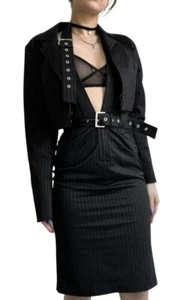 Nicowa Damen schwarz Vintage Nadelstreifen Neckholder Ausschnitt hoch tailliert Midi Kleid Größe 8 - Bild 1 von 4