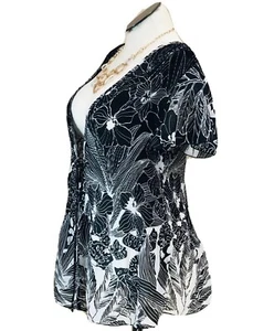 Dressbarn Tie Front Shacket 22/24W Open Floral Black White S/SLV Lightweight - Picture 1 of 10