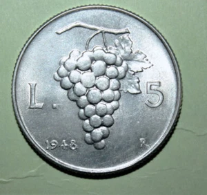 S11 - Italy 5 Lire 1948-R Brilliant Uncirculated (Flawless) Aluminum Coin Grapes - Picture 1 of 2
