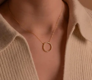 Pave Diamond Pendant Necklace Gold Ring Pendant Silver Anniversary Gift Necklace - Picture 1 of 4