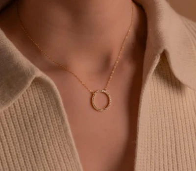 Pave Diamond Pendant Necklace Gold Ring Pendant Silver Anniversary Gift Necklace - Image 1 of 4