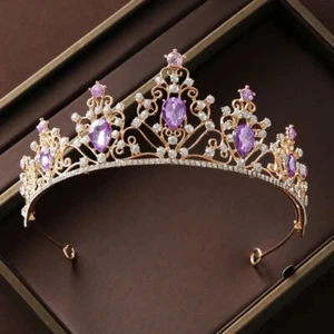 Gold Purple Tiara Crown Princess Queen headress jewelry bridal real metal cospla - Picture 1 of 3