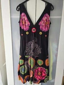 DESIGUAL Robe multicolore avec fleurs violines à bretelles Bas bouffant Taille L - Foto 1 di 9