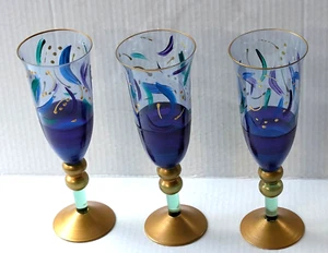 Vintage Handpainted Royal Blue Bohemian Gold Footed Champagne Flute Glasses (3) - Picture 1 of 4
