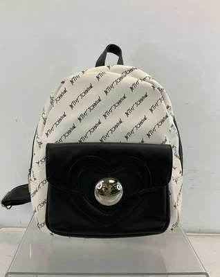 Mochila Betsey Johnson blanca negra estampada de cuero sintético Foto 1 de 4
