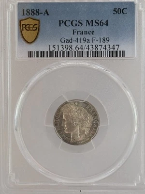 1888 a France 50 Centimes Silver Coin PCGS MS 64 GAD-419a F-189 - Image 1 of 4
