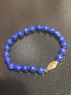 6-3/4” Hand Knotted Natural Lapis Lazuli Bracelet W/14k Gold Clasp - Image 1 of 4