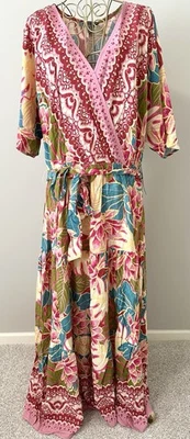 Figueroa & Flower 编织波西米亚农民长裙花卉粉色红色弹性 XL 码 — 第 1/4 张图片