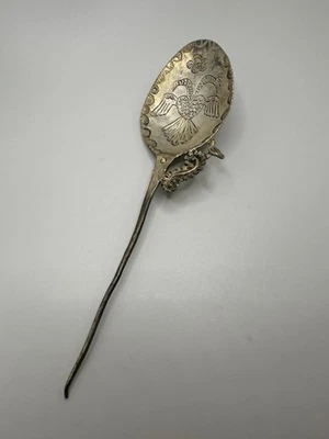 Antigua Cuchara Prendedor Capa Plata Colonial Española Grabada Doble Cabeza Águila Foto 1 de 4