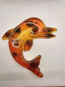 Vintage 1970's Red Orange Lucite/Acrylic Wall Hanging Dolphin w/Abalone - Picture 1 of 16