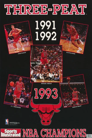 SMALL POSTER: NBA BASKETBALL :CHICAGO BULLS THREE PEAT - FREE SHIP  #7347 RP84 U Cover