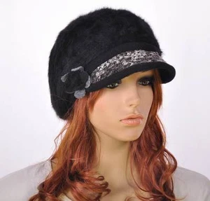 M140 Rabbit Fur Wool Brim Hat Women's Winter Beanie Newsboy Cap New 7-Colors - Picture 1 of 31