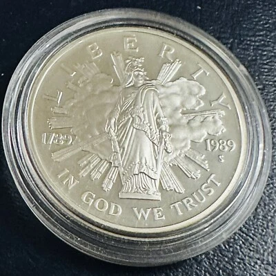 1989-S "PROOF" "US CONGRESS BICENTENNIAL" 90% SILVR DOLLAR LOW MINTAGE 762,198! - Image 1 of 2