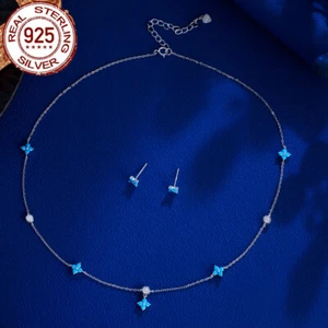 Juego de joyas de collar y pendientes de eslabones de cadena de plata de ley S925 azul turquesa - Imagen 1 de 7