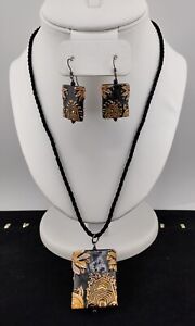 925 Jewelry Suite Black Lacquer with Gold Tone Painted Designs