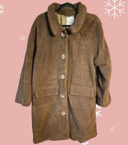 Stoosh Chocolate Brown Sherpa Teddy Bear Jacket Longline Coat Sz XL Pockets - Picture 1 of 7