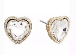 BETSEY JOHNSON CLEAR CRYSTAL HEART GOLD-TONE STUD EARRINGS NWT - Imagen 1 de 1