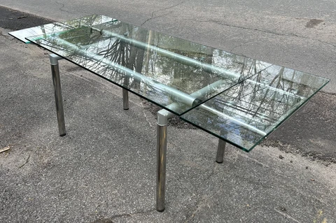 italian mcm dining table Chrome Extendable Refractory Modern 1960s Glass 79”x31” Cover
