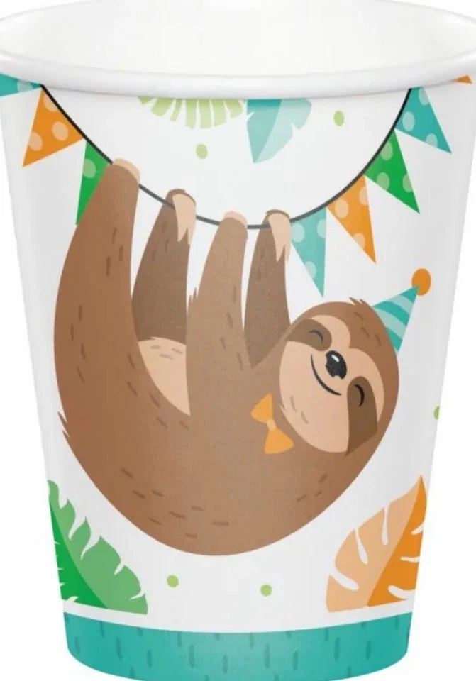 Sloth Party 9 oz Hot/Cold Cups Paper 8 Pack Sloth Birthday Supplies Tableware - Image 1 of 2