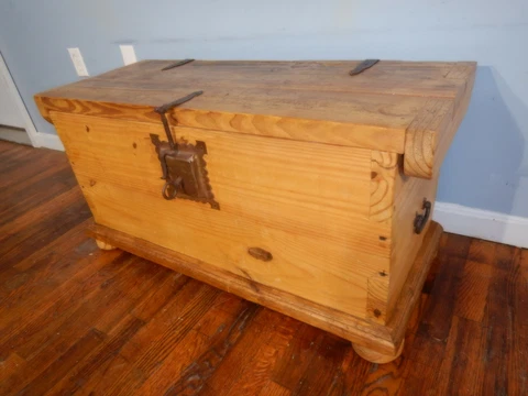 Vintage Pine Pirate Chest w Iron Lock & Key, Hinges,  Handles Trunk Window Seat Cover